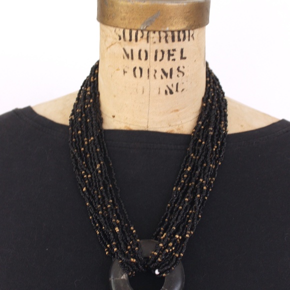 1980s boho tribal multistrand necklace beads horn black gold glass collier - Picture 5 of 11